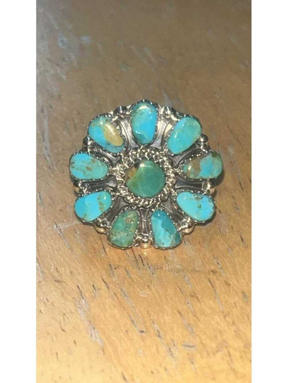 Navajo Natural turquoise cluster sterling silver ring size 8 -Jason Benally